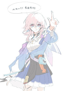 Rule 34 | 1girl, 32c1ff, black choker, black gloves, black overskirt, blue eyes, blue jacket, blue skirt, breasts, camera, choker, commentary request, cowboy shot, gloves, hair between eyes, hand up, highres, honkai: star rail, honkai (series), index finger raised, jacket, long sleeves, looking at viewer, march 7th (honkai: star rail), march 7th (preservation) (honkai: star rail), medium breasts, medium hair, multicolored eyes, open mouth, pink eyes, pink hair, pleated skirt, shirt, simple background, single glove, skirt, solo, speech bubble, tied jacket, translation request, two-tone eyes, white background, white shirt