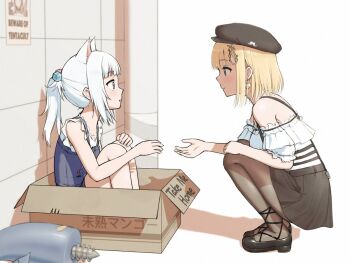 2girls animal_ears bare_shoulders blonde_hair blue_dress blue_eyes box brown_hat brown_pantyhose cat_ears cat_girl dress earrings english_text eye_contact fins fish_tail gawr_gura hair_ornament hat heart heart_earrings hololive hololive_english jewelry long_hair looking_at_another medium_hair multiple_girls mustache_print on_box open_mouth pantyhose ponytail sanwanton shark_tail shirt short_sleeves sitting sitting_on_box smile squatting tail tail_removed unworn_butt_plug virtual_youtuber watson_amelia white_hair white_shirt