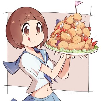 Rule 34 | 1girl, :p, blue sailor collar, blue skirt, bluearcadegames, blunt bangs, bone, bowl cut, breasts, brown eyes, brown hair, chicken (food), fish (food), food, fried chicken, fried fish, highres, holding, holding plate, kill la kill, looking at viewer, mankanshoku mako, medium breasts, mini flag, navel, plate, pleated skirt, sailor collar, school uniform, shirt, shrimp, shrimp tempura, skirt, smile, solo, tempura, tongue, tongue out, upper body, white shirt