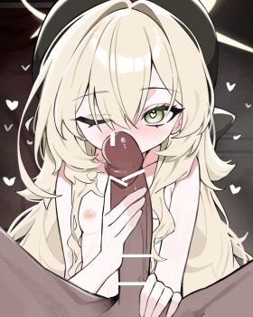 1boy 1girl absurdres bar_censor black_hat blonde_hair blue_archive blush breasts censored erection green_eyes halo handjob hat heart heart-shaped_pupils hetero highres ka_keo long_hair looking_at_viewer nipples one_eye_closed penis pov professor_niyaniya_(blue_archive) small_breasts solo_focus symbol-shaped_pupils yellow_halo