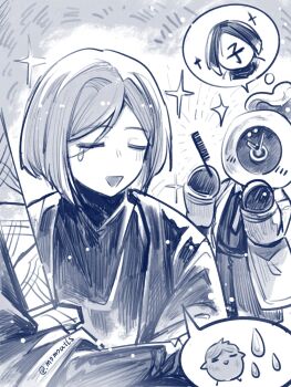 1boy 1other baby_animal bird blunt_ends chick clock closed_eyes coat comb crossed_arms dante_(limbus_company) flaming_head greyscale highres holding holding_comb holding_sword holding_weapon layered_sleeves limbus_company long_sleeves momoatls monochrome necktie open_mouth pants parted_bangs pinky_(identity)_(project_moon) project_moon ren_(project_moon) rounded_collar short_hair short_over_long_sleeves short_sleeves sinclair_(project_moon) spoken_animal spoken_character sword tearing_up tears twitter_username undershirt weapon