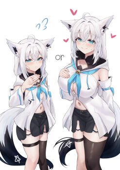 :o absurdres ahoge alternate_breast_size_(larger) alternate_breast_size_(smaller) animal_ear_fluff animal_ears aqua_eyes asymmetrical_legwear bare_shoulders belt black_shorts braid breasts clothing_cutout collarbone commentary_request detached_sleeves earrings english_text fox_ears fox_girl fox_tail hair_ornament heart highres hololive jewelry large_breasts long_hair long_sleeves looking_at_viewer midriff_peek pentagram shirakami_fubuki shirakami_fubuki_(1st_costume) shorts simple_background single_earring small_breasts smile sweatdrop tail thighhighs tks_rkgk virtual_youtuber white_hair wide_hips wide_sleeves