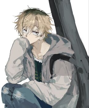 1boy black_eyes blue_pants brown_hair cowboy_shot denim ear_piercing earrings grey_jacket guitar_case hair_between_eyes highres hood hood_down hooded_jacket instrument_case jacket jeans jewelry long_sleeves looking_at_viewer male_focus multicolored_hair original pants piercing roots_(hair) sanpaku short_hair simple_background sini_user sleeves_past_fingers sleeves_past_wrists solo squatting torn_clothes torn_jeans torn_pants white_background