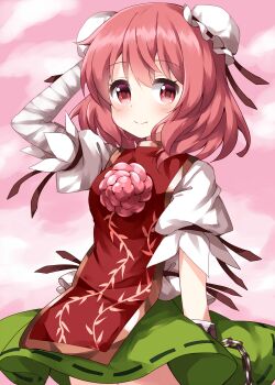 1girl :&gt; arm_up bandaged_arm bandages black_ribbon blush breasts brown_ribbon bun_cover chain closed_mouth commentary_request cowboy_shot cuffs double_bun flower gold_trim green_skirt hair_bun highres ibaraki_kasen looking_at_viewer medium_breasts medium_hair one-hour_drawing_challenge pink_background pink_eyes pink_flower pink_hair puffy_short_sleeves puffy_sleeves ribbon ribbon-trimmed_skirt ribbon_trim ruu_(tksymkw) shackles shirt short_sleeves simple_background skirt smile solo standing tabard touhou white_shirt