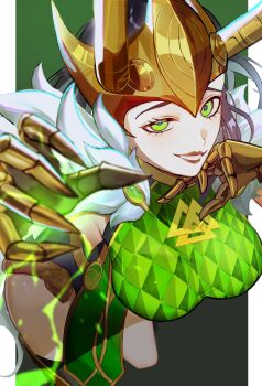 1girl black_hair black_leotard border breasts commentary dress fake_horns genderswap genderswap_(mtf) gold_gloves gradient_background green_background green_dress green_eyes grin highres horned_headwear horned_tiara horns lady_loki large_breasts leotard loki_(marvel) looking_at_viewer marvel marvel_rivals nanimodekiyasne pelvic_curtain seductive_smile smile solo tiara white_border
