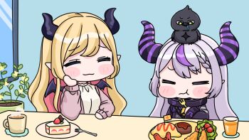 Rule 34 | 2girls, :t, animal, animal on head, bird, black dress, black wings, blonde hair, blush stickers, braid, braided bangs, cake, cake slice, chibi, closed eyes, closed mouth, commentary request, crow (la+ darknesss), cup, demon girl, demon horns, demon wings, dress, drinking glass, drooling, eating, food, food art, fork, green eyes, grey hair, hamburger steak, highres, holding, holding fork, hololive, horns, indoors, jacket, juice, la+ darknesss, la+ darknesss (1st costume), long hair, long sleeves, mini flag, mochimiko, mug, multicolored hair, multiple girls, okosama lunch, on head, open clothes, open jacket, orange juice, pink hair, pink jacket, plate, pointy ears, puffy long sleeves, puffy sleeves, purple hair, shirt, streaked hair, table, tako-san wiener, two-tone hair, very long hair, virtual youtuber, wavy mouth, white shirt, window, wings, yuzuki choco