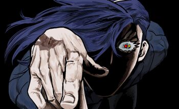 1boy asymmetrical_hair black_background blue_hair blue_sweater commentary commentary_request diavolo english_commentary hair_over_one_eye highres jojo_no_kimyou_na_bouken long_bangs looking_at_viewer luen24755844 male_focus pointing pointing_at_viewer red_eyes shaded_face solo sweater upper_body vento_aureo vinegar_doppio