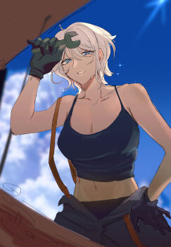 1girl blue_eyes eateatcookie faust_(project_moon) highres holding holding_wrench jumpsuit limbus_company looking_at_viewer mechanic open_car_hood pants project_moon short_hair solo tank_top tools white_hair wrench