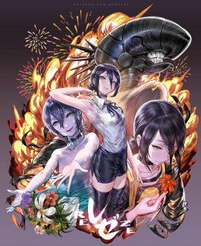 1girl b.c.n.y. black_choker black_thighhighs blush chainsaw_man choker collared_shirt explosion explosive fireworks flower green_eyes grenade_pin hair_between_eyes hair_bun highres holding holding_flower medium_hair multiple_views neck_ribbon outstretched_arms pulling red_flower reze_(chainsaw_man) ribbon ringed_eyes shirt shirt_tucked_in single_hair_bun sleeveless sleeveless_shirt smile t-shirt thighhighs topless_female white_flower