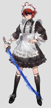 1boy absurdres ahoge alternate_costume apron back_bow black_dress black_hair black_ribbon black_shoes black_socks blue_eyes blush bow buttons center_frills chinese_commentary commentary_request crossdressing crossdressing_(mtf) dress enmaided fang frilled_apron frilled_dress frills full_body grey_background hair_between_eyes highres holding holding_sword holding_weapon kneehighs legwear_garter long_sleeves maid maid_headdress male_focus male_maid multicolored_hair open_mouth red_hair ribbon ribbon-trimmed_apron ribbon-trimmed_dress ribbon_trim shoes short_hair simple_background socks solo streaked_hair sumino_takumi sweat sword syuu_1125 the_hundred_line_-last_defense_academy- two-tone_hair weapon white_apron white_bow wrist_cuffs
