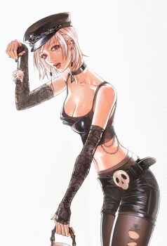 1girl chainsaw_man character_charm charm_(object) commentary death_devil_(chainsaw_man) dromi999 english_commentary famine_devil_(chainsaw_man) hat highres holding short_hair simple_background solo tagme