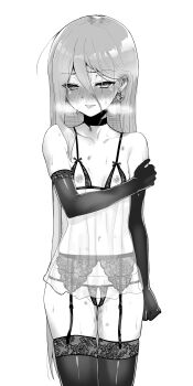 1girl absurdres babydoll blush bra bruise choker cigarette_butt closed_mouth cowboy_shot cupless_bra earrings elbow_gloves embarrassed flat_chest gloves greyscale hair_between_eyes heart heart_earrings highres injury jewelry legs_together long_hair looking_at_viewer monochrome navel nipples ohlia panties pussy_juice shakugan_no_shana shana simple_background solo standing thigh_gap thighhighs underwear very_long_hair white_background