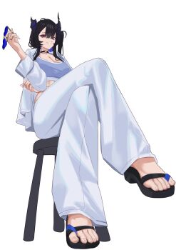 1girl black_hair choker crop_top daaku_(koizumi_arata) feet heart-shaped_glasses holding_glasses hololive hololive_english horns jacket looking_at_viewer nerissa_ravencroft pants sandals sitting stool sunglasses toes virtual_youtuber white_jacket white_pants