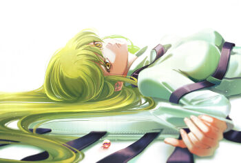 1girl absurdres blurry bodysuit breasts c.c. code_geass depth_of_field from_side gem green_hair highres long_hair looking_at_viewer lying medium_breasts on_back parted_lips simple_background solo suspenders upper_body white_background white_bodysuit yellow_eyes youlitai