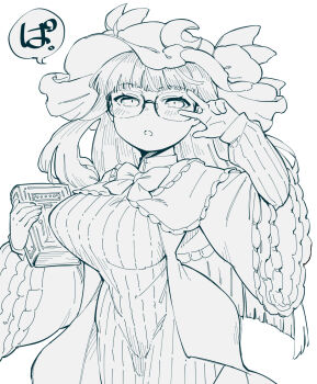 Rule 34 | 1girl, :o, arm up, bespectacled, blunt bangs, blush, book, breasts, crescent, daitai konna kanji, dress, glasses, greyscale, hand up, hat, highres, holding, holding book, large breasts, long hair, looking at viewer, mob cap, monochrome, open mouth, patchouli knowledge, simple background, solo, touhou, v, v over eye