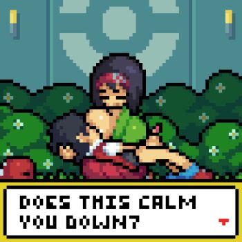 1boy 1girl age_difference animated animated_gif badcolor black_hair breast_sucking breasts bush cum erika_(pokemon) facing_another handjob hetero japanese_clothes kimono large_breasts nintendo nursing_handjob one_breast_out onee-shota pants pixel_art pokemon pokemon_lgpe red_(pokemon) source_request unworn_pants