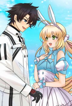1boy 1girl animal_ears artoria_caster_(fate) artoria_caster_(swimsuit_berserker)_(second_ascension)_(fate) artoria_pendragon_(fate) black_gloves blue_eyes command_spell commentary_request commission dress fake_animal_ears fate/grand_order fate_(series) fujimaru_ritsuka_(male) fujimaru_ritsuka_(male)_(decisive_battle_chaldea_uniform) gloves green_eyes height_difference highres jacket kasakasako long_sleeves looking_at_another open_mouth rabbit_ears skeb_commission smile white_jacket