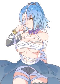 1girl adapted_costume arm_behind_back assault_lily bandaged_arm bandaged_chest bandaged_head bandaged_leg bandaged_neck bandaged_stomach bandages bare_shoulders benini black_shorts blue_hair bow breasts cleavage closed_mouth collar collarbone commentary_request cosplay cowboy_shot crescent crescent_earrings detached_sleeves earrings grey_bow hair_between_eyes hair_bow halloween_costume hand_up high_ponytail highres jewelry large_breasts looking_at_viewer makino_mitake medium_hair mummy_costume navel one_eye_covered overskirt parted_bangs parted_lips pendant pendant_collar ponytail purple_collar serizawa_chikaru serizawa_chikaru_(cosplay) shorts simple_background single_detached_sleeve single_earring solo standing twitter_username white_background yellow_eyes