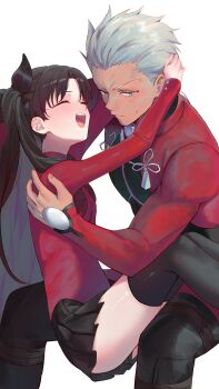 Rule 34 | 1boy, 1girl, absurdres, archer (fate), black hair, black skirt, black thighhighs, breasts, closed eyes, closed mouth, commentary, dark skin, fate/stay night, fate (series), grey eyes, grey hair, highres, kaze 22, korean commentary, long hair, long sleeves, miniskirt, open mouth, pleated skirt, red shirt, shirt, short hair, simple background, skirt, small breasts, smile, teeth, thighhighs, tohsaka rin, two side up, upper teeth only, v-shaped eyebrows, very short hair, white background