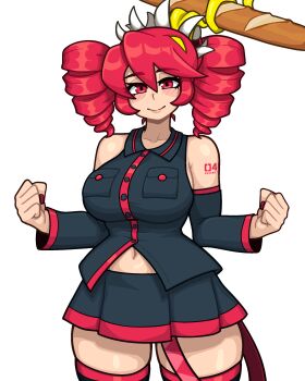 1girl absurdres baguette bare_shoulders blush bread breasts cosplay cowboy_shot detached_sleeves drill_hair eating facing_viewer filia_(skullgirls) fist_pump food highres kasane_teto kasane_teto_(cosplay) large_breasts muds muds_(tentacles_r_us) nail_polish navel pleated_skirt red_eyes red_hair red_nails samson_(skullgirls) skirt skullgirls smile solo thick_thighs thighhighs thighs tongue tongue_out twin_drills utau vocaloid white_background wide_hips