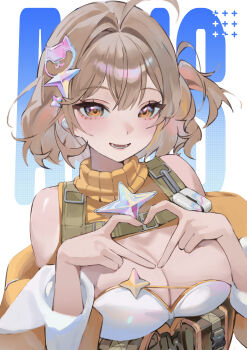 1girl absurdres ahoge alternate_costume anis_(nikke) belt_pouch breasts brown_eyes brown_hair cleavage commentary english_commentary eoboong four-finger_heart_hands goddess_of_victory:_nikke hair_intakes hair_ornament hairpin heart heart_hands highres jacket large_variant_set long_sleeves looking_at_viewer lower_teeth_only medium_hair open_mouth pouch smile solo teeth turtleneck upper_body variant_set yellow_jacket