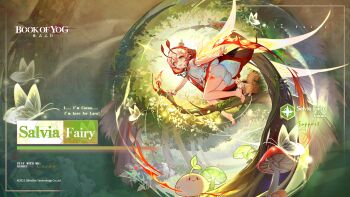 1girl artist_request ass barefoot book_of_yog bug butterfly cacau_(book_of_yog) cape character_name copyright_notice dress english_text fire forest highres hood hooded_cape insect leg_tattoo logo mushroom nature official_art on_branch open_mouth pink_hair rabbit red_cape second-party_source short_hair squirrel tattoo tree white_dress yellow_eyes