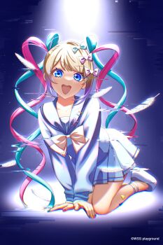 1girl all_fours antel_1811 blue_eyes blue_sailor_collar blue_serafuku blue_shirt blue_shoes blue_skirt bow bowtie chouzetsusaikawa_tenshi-chan chromatic_aberration collarbone commentary_request falling_feathers feathers full_body glitch hair_bow highres long_sleeves looking_at_viewer miniskirt multicolored_hair multicolored_nails nail_polish needy_girl_overdose open_mouth parted_bangs pink_bow pink_bowtie pleated_skirt purple_background quad_tails sailor_collar school_uniform serafuku shirt shoes skirt smile solo spotlight