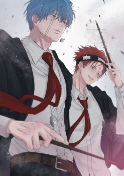 Rule 34 | 2boys, absurdres, belt, black pants, black robe, blue eyes, blue hair, brown belt, closed mouth, collared shirt, commentary request, daut barret, earrings, facial mark, floating, floating clothes, floating neckwear, forehead mark, headband, highres, holding, holding wand, jewelry, knata09660180, lance crown, locket, male focus, mashle, multiple boys, necklace, necktie, pants, pendant, planet earrings, red eyes, red hair, red necktie, robe, shirt, shirt tucked in, smile, teeth, wand, watermark, white shirt