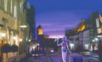 1girl anrei backpack bag blacksmith_(ragnarok_online) blue_hair blue_shorts blue_sky brown_bag building city commentary_request cowboy_shot from_behind long_hair musical_note night outdoors pullcart ragnarok_online scenery shorts sky solo star_(sky) starry_sky wide_shot