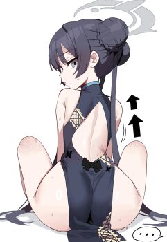 1girl absurdres ass ass_cutout backless_dress backless_outfit bare_back bare_shoulders black_hair blue_archive braid chinese_clothes clothing_cutout commentary_request diamond_cutout double_bun dress facing_back grey_halo hair_bun halo highres huge_ass kisaki_(blue_archive) korean_commentary looking_at_viewer neugneugsusu on_floor parted_lips shiny_skin simple_background sleeveless sleeveless_dress solo speech_bubble sweatdrop white_background