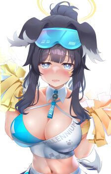 1girl absurdres animal_ears argentum_2o black_hair blue_archive blue_eyes blush breasts cheerleader cleavage commentary_request dog_ears dog_girl dog_tail goggles goggles_on_head halo hibiki_(blue_archive) hibiki_(cheer_squad)_(blue_archive) highres holding holding_pom_poms large_breasts long_hair looking_at_viewer millennium_cheerleader_outfit_(blue_archive) navel open_mouth pom_pom_(cheerleading) pom_poms shirt simple_background solo star_(symbol) star_sticker sticker sticker_on_face tail white_background yellow_halo