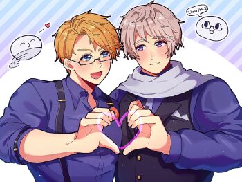 2boys ahoge america_(hetalia) axis_powers_hetalia black-framed_eyewear black_vest blonde_hair blue_eyes blush breast_pocket closed_mouth commentary_request english_text glasses grey_hair hand_up handkerchief handkerchief_in_pocket heart heart_hands highres lapels long_sleeves looking_at_another male_focus multiple_boys necktie open_mouth outside_border pocket puffy_long_sleeves puffy_sleeves purple_eyes purple_necktie purple_shirt russia_(hetalia) scarf semi-rimless_eyewear senzodaidai shirt short_hair simple_background smile speech_bubble suspenders upper_body vest white_background white_scarf yaoi