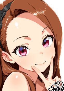 1girl bare_shoulders black_hairband brown_hair closed_mouth forehead hairband hand_up idolmaster idolmaster_(classic) jabara_tornado light_smile long_hair looking_at_viewer minase_iori pink_eyes portrait signature simple_background solo v white_background