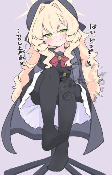 1girl beret black_pantyhose black_serafuku black_shirt black_skirt blonde_hair blue_archive blush bow closed_mouth commentary_request full_body green_eyes grey_hat grey_jacket grey_sailor_collar hair_between_eyes hair_intakes halo hat head_tilt highres jacket kujou_karasuma looking_at_viewer no_shoes open_clothes open_jacket pantyhose professor_niyaniya_(blue_archive) purple_background red_bow sailor_collar school_uniform serafuku shirt simple_background sitting skirt smile solo translation_request watermark