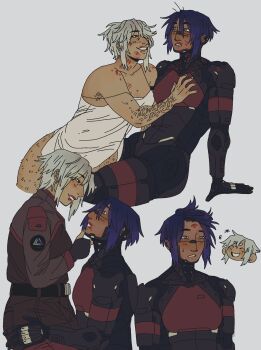 2girls absurdres android archivebottles ariane_yeong arm_hair body_hair dress elster_(signalis) hand_on_another&#039;s_chest highres joints laughing leg_hair lipstick_mark messy_hair multiple_girls penrose_triangle purple_hair robot_girl robot_joints signalis smile sweat white_background white_dress white_hair yuri