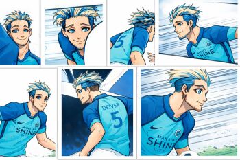 Rule 34 | 1boy, artist request, ball, blonde hair, blue eyes, blue hair, blue lock, blue streaks, blue theme, driver (blue lock), jersey, multicolored hair, nike (company), smile, soccer, soccer ball, soccer uniform, sportswear, stitched, third-party edit, two-tone hair, white background