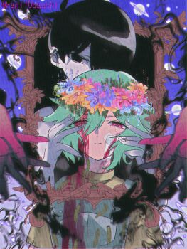 Rule 34 | 2boys, alternate eye color, antenna hair, bandaid, bandaid on face, basil (headspace) (omori), basil (omori), black eyes, black hair, blood, blood on face, blue overalls, colored skin, commentary request, double-parted bangs, flower, flower wreath, green hair, hair between eyes, head wreath, highres, kauchi (kani10cauchi), looking at viewer, male focus, multiple boys, omori, omori (omori), overall shorts, overalls, red eyes, short hair, too many watermarks, twitter username, watermark, white skin