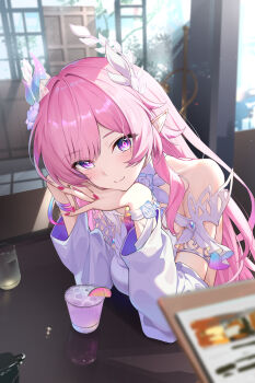 1girl absurdres armlet bare_shoulders blurry blurry_background blurry_foreground breasts chinese_commentary closed_mouth commentary commentary_request cup cyrene_(honkai:_star_rail) cyrene_(ripples_of_past_reverie)_(honkai:_star_rail) depth_of_field diamond-shaped_pupils diamond_(shape) drinking_glass english_commentary fingernails hair_ornament highres honkai:_star_rail honkai_(series) indoors jewelry kuroida light_blush long_hair looking_at_viewer medium_breasts mixed-language_commentary multilingual_commentary nail_polish paid_reward_available partial_commentary pink_hair pink_nails pointy_ears pov purple_eyes sidelocks smile solo symbol-shaped_pupils