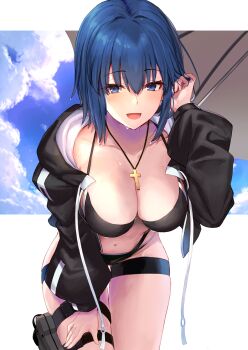 1girl :d bikini black_bikini black_jacket blue_eyes blue_hair breasts c.i.e.l_(fate) mysterious_executor_c.i.e.l_(fate) ciel_(tsukihime) cleavage cross cross_necklace fate/grand_order fate_(series) hair_between_eyes hand_on_own_thigh highres holster jacket jewelry large_breasts leaning_forward long_sleeves looking_at_viewer navel necklace ninoude_(ninoude44) open_clothes open_jacket open_mouth short_hair smile solo swimsuit thigh_holster thigh_strap wet