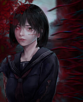 1girl absurdres black_hair black_neckerchief black_sailor_collar black_shirt blood blood_on_arm blood_on_face bloody_tears commentary_request flower highres injury korean_commentary m4skedboi neckerchief red_eyes red_flower sailor_collar shimizu_hinako shirt short_hair silent_hill_(series) silent_hill_f solo spider_lily uneven_eyes