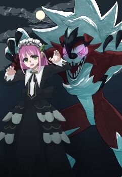 1girl 1other absurdres aiueo_otoko arched_bangs black_dress claw_pose claws colored_sclera dress fangs full_moon furry gen_7_pokemon glowing glowing_eyes green_eyes hair_ornament headdress highres lacey_(fall_2025)_(pokemon) lacey_(pokemon) long_sleeves looking_at_viewer lycanroc lycanroc_(midnight) maid maid_headdress moon night night_sky nintendo official_alternate_costume open_mouth pink_hair pokemon pokemon_(creature) pokemon_masters_ex purple_eyes red_fur sharp_teeth short_hair sky teeth white_fur