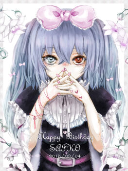 Rule 34 | 1girl, belt, belt buckle, bib collar, black shirt, blue eyes, blue hair, border, bow, bracelet, breasts, buckle, buttons, character name, commentary request, crossed bangs, dated, flower, frilled bow, frilled shirt collar, frills, grey border, hair between eyes, hair bow, hand tattoo, happy birthday, heart, heart button, heart ring, heart tattoo, heterochromia, highres, jewelry, long hair, looking at viewer, medium breasts, multiple bracelets, nail polish, neck ribbon, pink belt, pink bow, pink nails, red eyes, ribbon, shirt, shishi (eai make), short sleeves, solo, straight-on, tattoo, tokyo ghoul, tokyo ghoul:re, twintails, upper body, white background, white flower, white ribbon, yonebayashi saiko