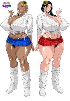 abs amyaminouraaka belly blonde_hair blush breasts cleavage commentary_request covered_erect_nipples curvy dark-skinned_female dark_skin ear_piercing earrings fellatio_gesture female_pubic_hair ganguro gyaru hair_ornament highres huge_breasts jewelry large_areolae large_breasts long_hair looking_at_viewer loose_socks mature_female navel nipples original piercing pleated_skirt plump pubic_hair pubic_hair_peek school_uniform shirt simple_background skindentation skirt smile socks tan thick_thighs thighhighs thighs white_shirt wide_hips