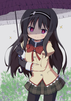 1girl akemi_homura akuma_homura black_gloves black_hair black_pantyhose blush bow brown_jacket commentary_request feet_out_of_frame gloves green_skirt hairband holding holding_umbrella jacket long_hair looking_at_viewer mahou_shoujo_madoka_magica matsubara_ryuu pantyhose purple_eyes red_bow skirt smile solo standing umbrella
