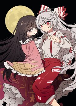 :/ antenna_hair black_hair blunt_bangs bow commentary contrast_collar dress_shirt frilled_sailor_collar frilled_sleeves frills fujiwara_no_mokou grey_hair hair_bow highres houraisan_kaguya korean_commentary long_hair long_sleeves looking_at_viewer looking_to_the_side moon pants pink_shirt ponytail red_pants red_skirt sailor_collar shirt shirt_tucked_in shiryoku_kensa skirt smile straight_hair suspender_pants touhou very_long_hair white_shirt wide_sleeves