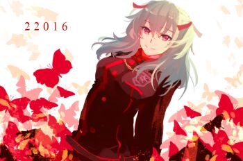 1girl arm_behind_back badge belt black_order_uniform brown_belt brown_jacket bug butterfly buttons chain cross d.gray-man facing_viewer gold_chain green_hair hair_between_eyes hair_over_shoulder hair_ribbon horizontal-striped_belt insect jacket lenalee_lee long_hair long_sleeves looking_at_viewer military military_uniform noname1995 parted_bangs purple_eyes puzzle_piece red_butterfly red_ribbon ribbon smile solo striped_belt striped_clothes striped_jacket turtleneck turtleneck_jacket two_side_up vertical-striped_clothes vertical-striped_jacket white_background yellow_butterfly