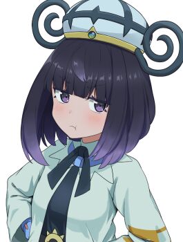 gwynn_(pokemon) hat izuna_(jsvv4844) nintendo pokemon pokemon_legends:_z-a purple_eyes purple_hair short_hair simple_background solo white_background