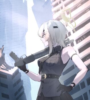 1girl arm_belt armpits belt black_gloves black_necktie black_shirt black_skirt blonde_hair blue_archive breasts building chinese_commentary collared_shirt commentary cosplay from_side gloves green_eyes green_halo gun halo hand_on_own_hip high_belt highres large_breasts looking_ahead medium_hair mossberg_500 necktie outdoors over_shoulder profile pump_action ruins sasa_fune shirt shotgun skirt skyscraper sleeveless sleeveless_shirt solo suou_(blue_archive) suou_(blue_archive)_(cosplay) upper_body weapon weapon_over_shoulder yellow_halo