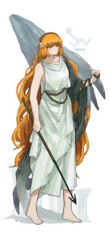 1girl absurdres alternate_costume cetus_(constellation) constellation full_body green_eyes harpoon highres holding_harpoon ishmael_(project_moon) limbus_company naughty_0b orange_hair project_moon robe solo whale white_robe