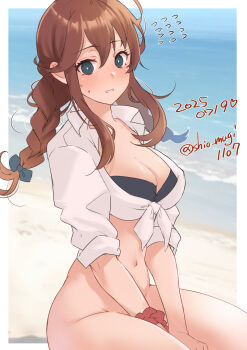 1girl beach bikini bikini_top_only bikini_under_clothes black_bikini blue_sky blurry blush bottomless braid breasts brown_hair cleavage cloud dated day depth_of_field flying_sweatdrops green_eyes highres horizon kantai_collection large_breasts long_hair looking_at_viewer navel nose_blush noshiro_(kancolle) noshiro_(swimsuit)_(kancolle) ocean one-hour_drawing_challenge outdoors red_shorts revision shiomugi_(shio_mugi1107) shirt shorts sky solo sweat swept_bangs swimsuit tied_shirt twin_braids twitter_username v_arms white_shirt